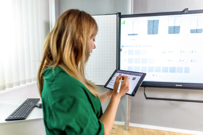 Lehrerin mit Tablet steht vor interaktiver Touch-Display-Tafel mit Whiteboard-Klappen