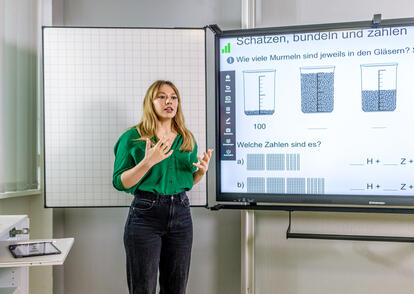 Display mit Whiteboard-Klappen in Kreuzkaro-Lineatur, mit Lehrerin